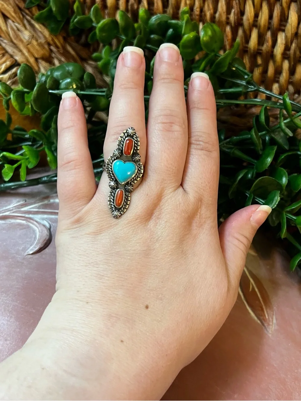 Sterling Kingman Turquoise Heart Italian Red Coral Ring Size 8
